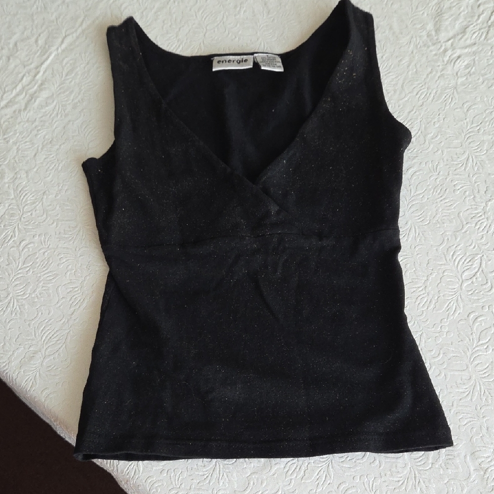 Energie Black Deep V-Neck Gold Sparkle Tank